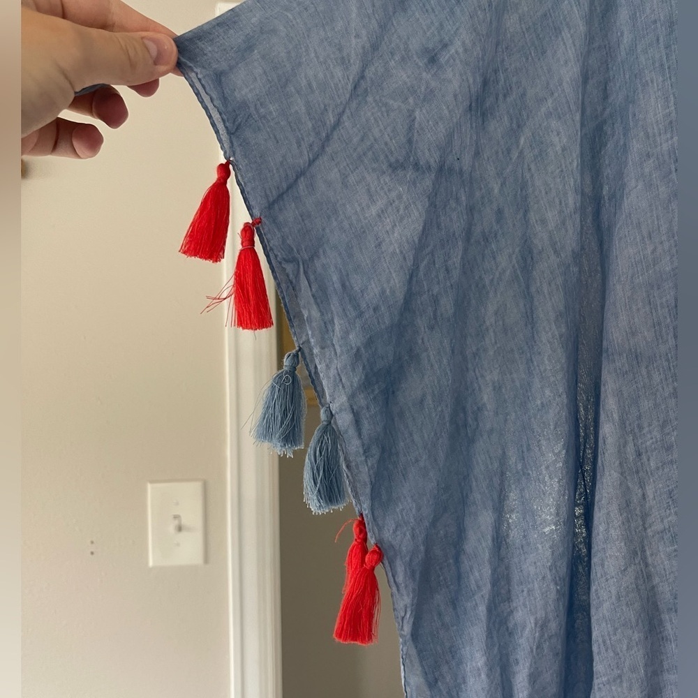Z & L Europe Poncho 100% Cortton Blue and Pink Tassle Boho Euro Swim Cover Up - Picture 3 of 9